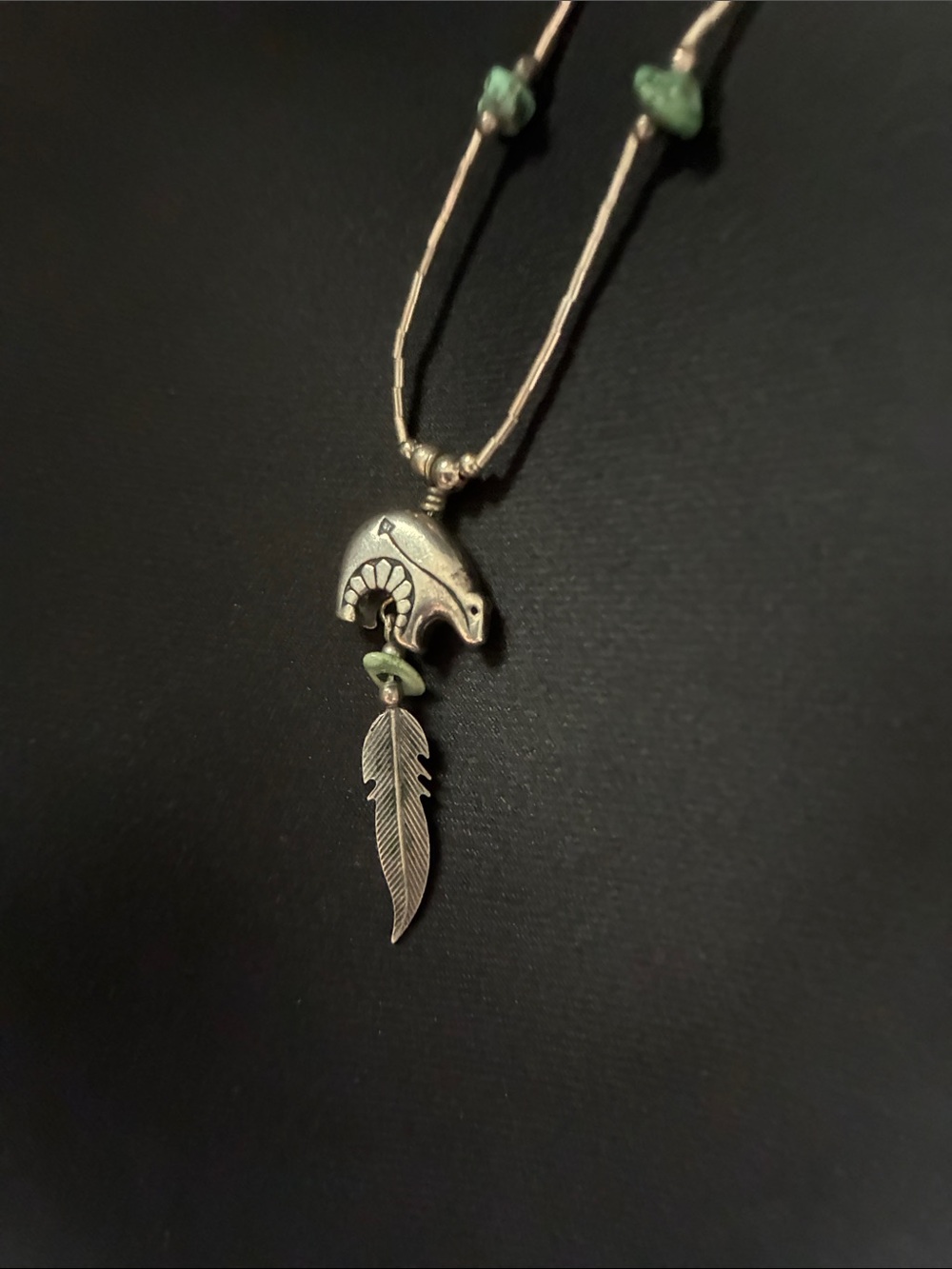 Silver heartline bearFeather Pendant Necklace with Green Turquoise Beads